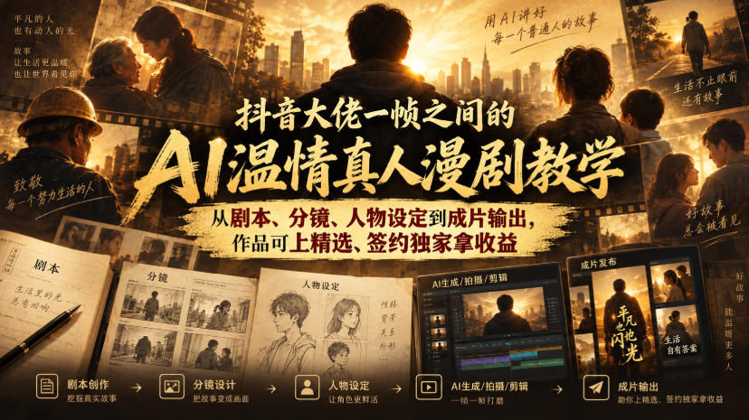 抖音大佬一帧之间的AI温情真人漫剧教学，从剧本、分镜、人物设定到成片输出，作品可上精选、签约独家拿收益-百川聊项目