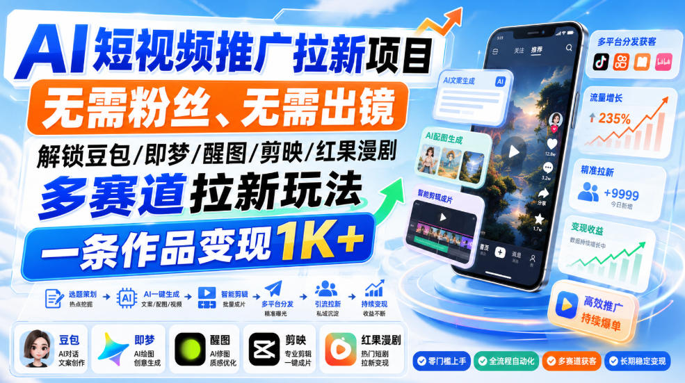 AI短视频推广拉新项目，无需粉丝、无需出镜，解锁豆包/即梦/醒图/剪映/红果漫剧多赛道拉新玩法，一条作品变现1K+(更新0918)-百川聊项目