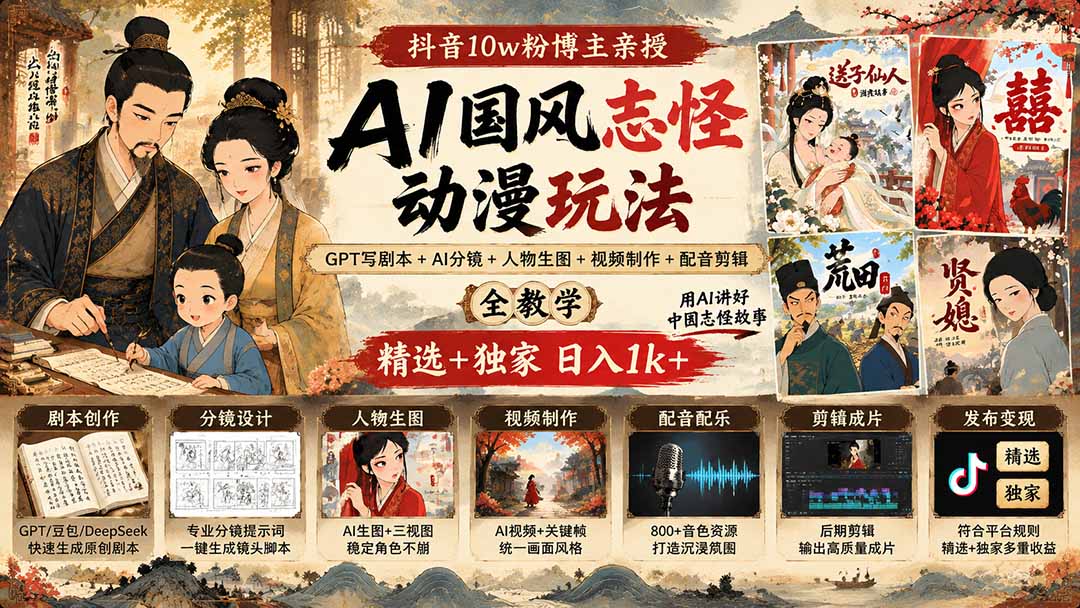 抖音10w粉博主亲授AI国风志怪动漫玩法｜GPT写剧本+AI分镜+人物生图+视频制作+配音剪辑全教学｜精选+独家日入1k+-百川聊项目