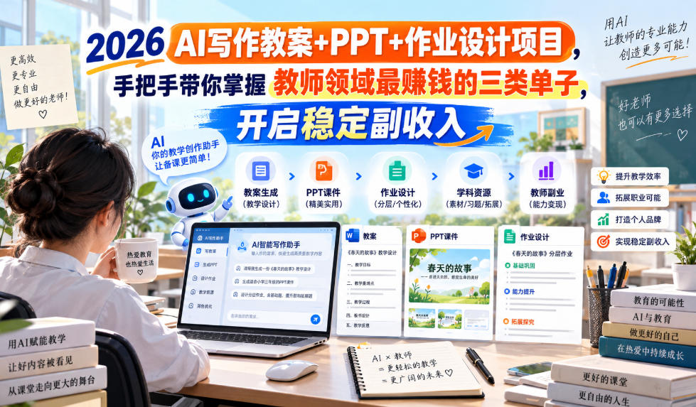 2026 AI写作教案+PPT+作业设计项目，手把手带你掌握教师领域最賺钱的三类单子，开启稳定副收入-百川聊项目