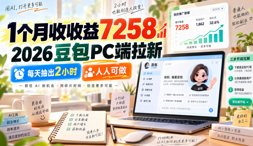 1个月收收益7258，2026豆包PC端拉新，每天抽出2小时，人人可做-百川聊项目