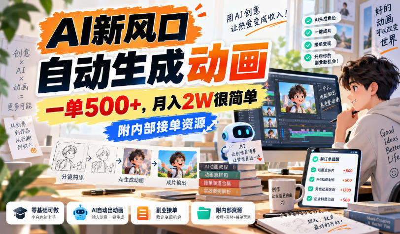 AI新风口，自动生成动画，一单500+，月入2W很简单，附内部接单资源【揭秘】-百川聊项目