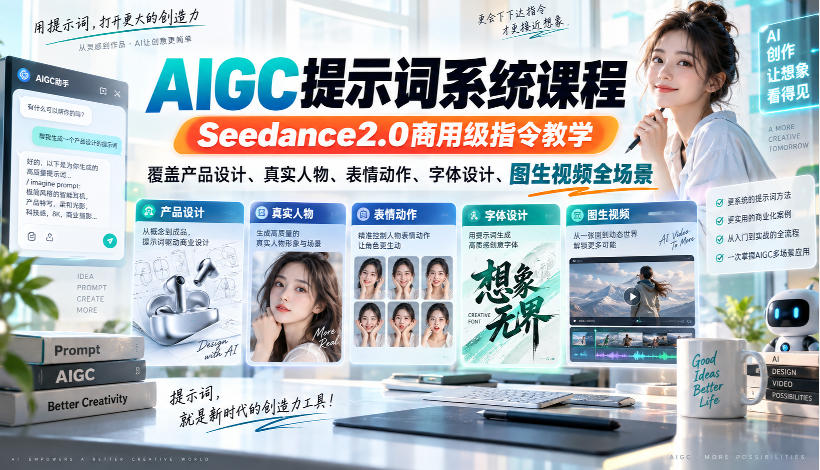 AIGC提示词系统课程，Seedance2.0商用级指令教学，覆盖产品设计、真实人物、表情动作、字体设计、图生视频全场景-百川聊项目