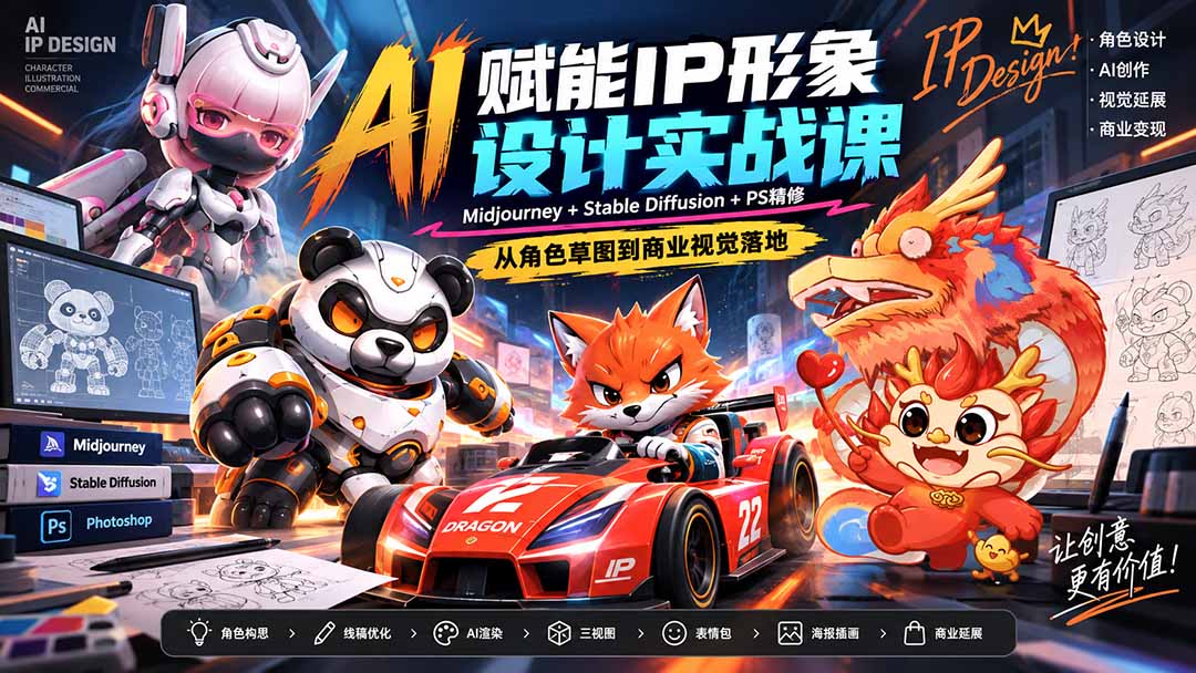 AI赋能IP形象设计实战课-无水印：Midjourney+Stable Diffusion+PS精修，从角色草图到商业视觉落地-百川聊项目