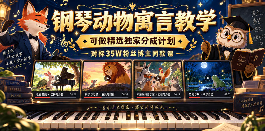 钢琴动物寓言教学，可做精选独家分成计划，对标35W粉丝博主同款课-百川聊项目