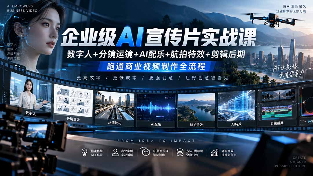 企业级AI宣传片实战课｜数字人+分镜运镜+AI配乐+航拍特效+剪辑后期，跑通商业视频制作全流程-百川聊项目