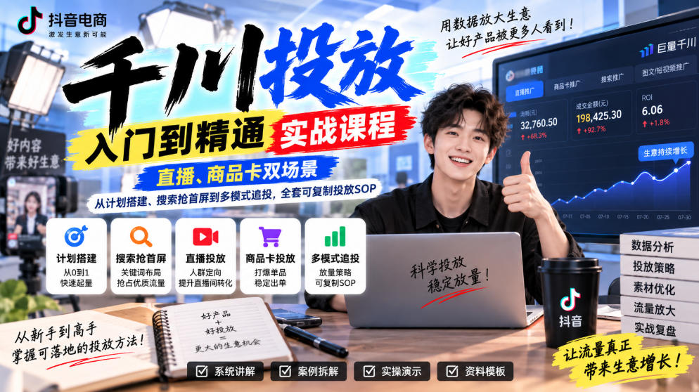 千川投放入门到精通实战课程，直播、商品卡双场景，从计划搭建、搜索抢首屏到多模式追投，全套可复制投放SOP-百川聊项目