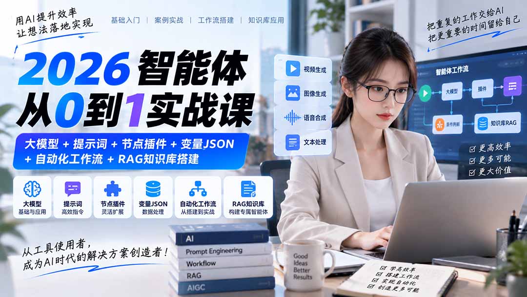 2026智能体从0到1实战课｜大模型+提示词+节点插件+变量JSON+自动化工作流+RAG知识库搭建-百川聊项目