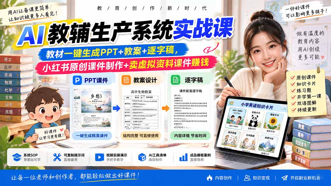 AI教辅生产系统实战课｜教材一键生成PPT+教案+逐字稿，小红书原创课件制作+卖虚拟资料课件赚钱-百川聊项目