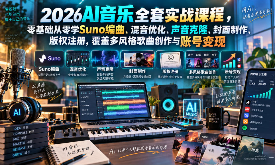 2026AI音乐实战课程，零基础从零学Suno编曲、混音优化、声音克隆、版权注册，覆盖多风格歌曲创作与账号变现-百川聊项目