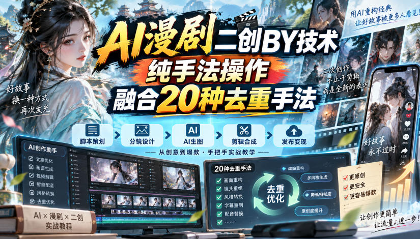 AI漫剧二创搬运技术，纯手法操作，融合20种去重手法-百川聊项目