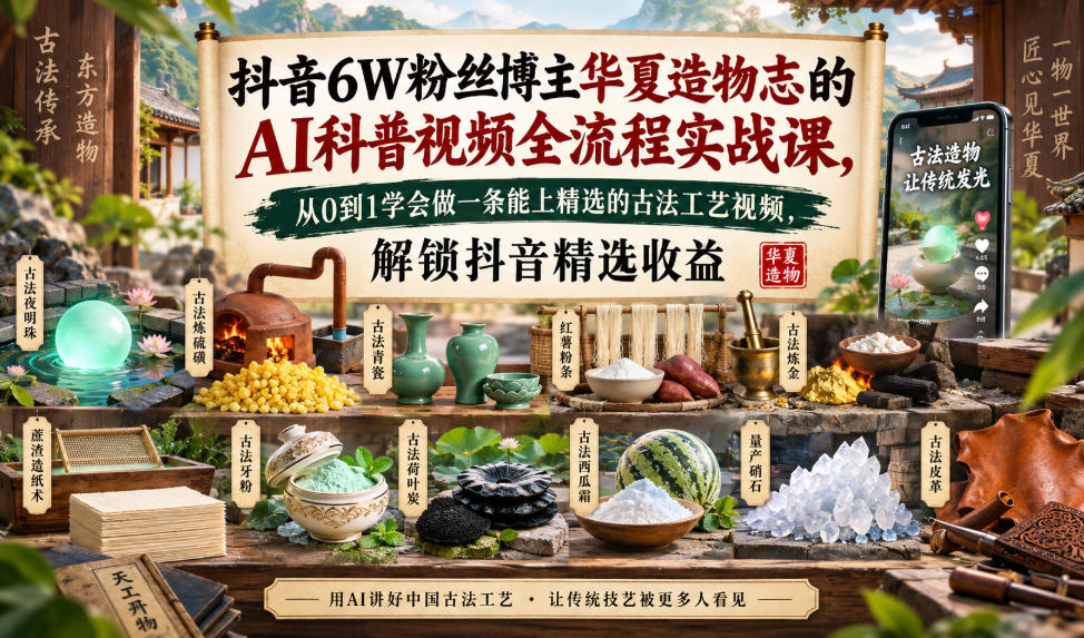抖音6W粉丝博主华夏造物志的AI科普视频全流程实战课，从0到1学会做一条能上精选的古法工艺视频，解锁抖音精选收益-百川聊项目
