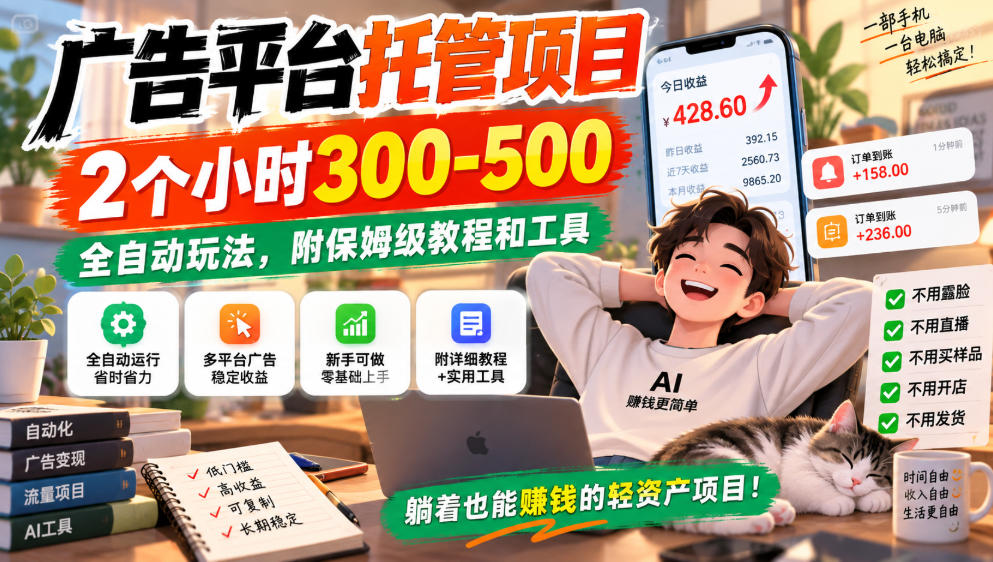 广告平台托管项目，2个小时300-500，全自动玩法，附保姆级教程和工具，小白照着就能做【揭秘】-百川聊项目