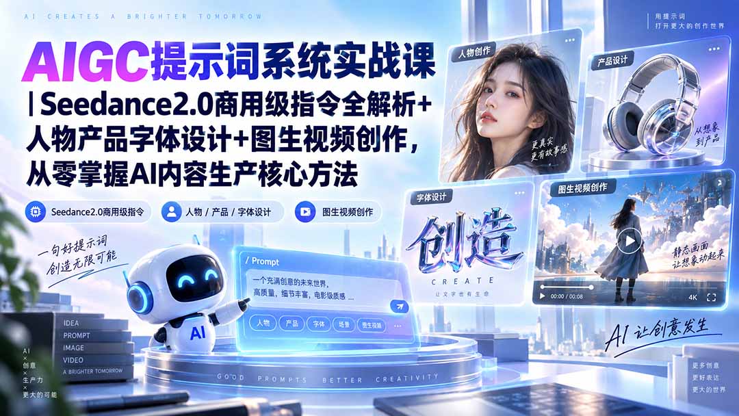 AIGC提示词系统实战课-无水印｜Seedance2.0商用级指令全解析+人物产品字体设计+图生视频创作，掌握AI内容生产方法-百川聊项目