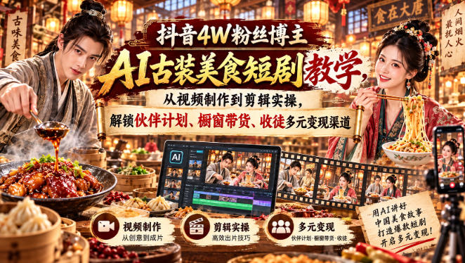 抖音4W粉丝博主AI古装美食短剧教学，从视频制作到剪辑实操，解锁伙伴计划、橱窗带货、收徒多元变现渠道-百川聊项目