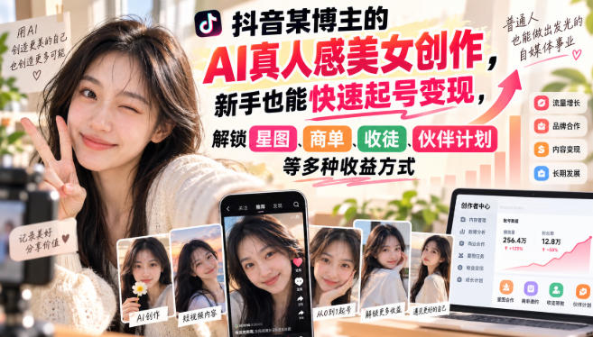 抖音某博主的AI真人感美女创作，新手也能快速起号变现，解锁星图，商单，收徒，伙伴计划等多种收益方式-百川聊项目