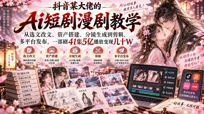 抖音某大佬的Ai短剧漫剧教学，从选文改文、资产搭建、分镜生成到剪辑、多平台发布，一部剧41集5亿播放变现几十W-百川聊项目