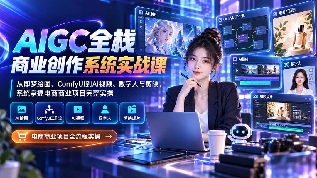 AIGC全栈商业创作系统实战课-无水印：从即梦绘图、ComfyUI到AI视频、数字人与剪映，系统掌握电商商业项目完整实操-百川聊项目