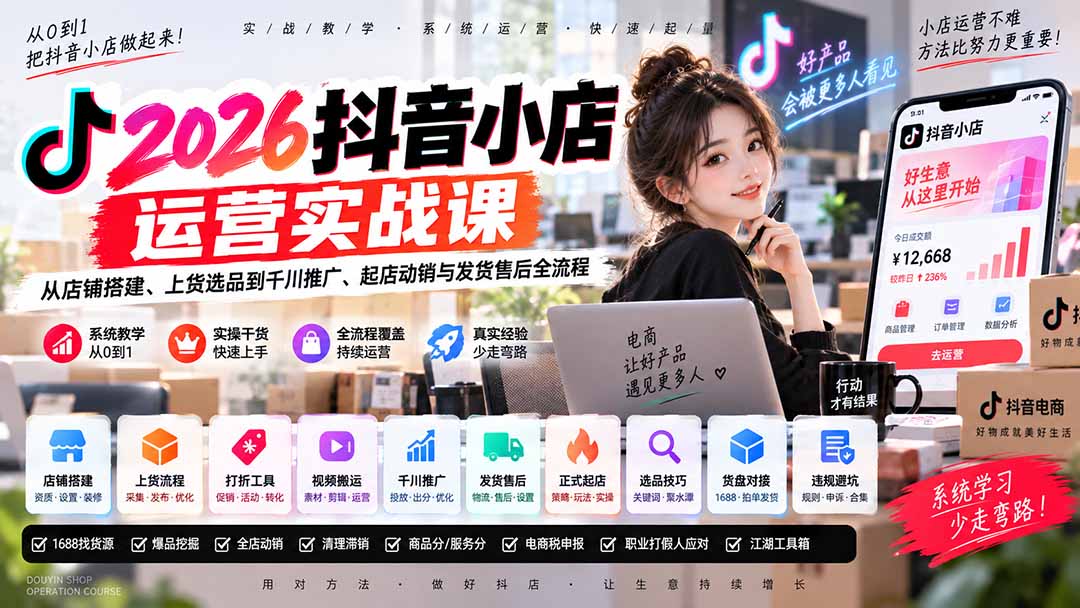 2026抖音小店运营实战课｜从店铺搭建、上货选品到千川推广、起店动销与发货售后全流程-百川聊项目