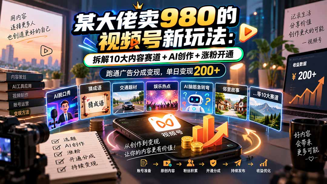某大佬卖980的视频号新玩法：拆解10大内容赛道+AI创作+涨粉开通，跑通广告分成变现，单日变现200+-百川聊项目