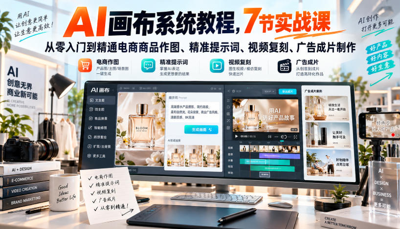 AI画布系统教程，7节实战课从零入门到精通电商商品作图、精准提示词、视频复刻、广告成片制作-百川聊项目