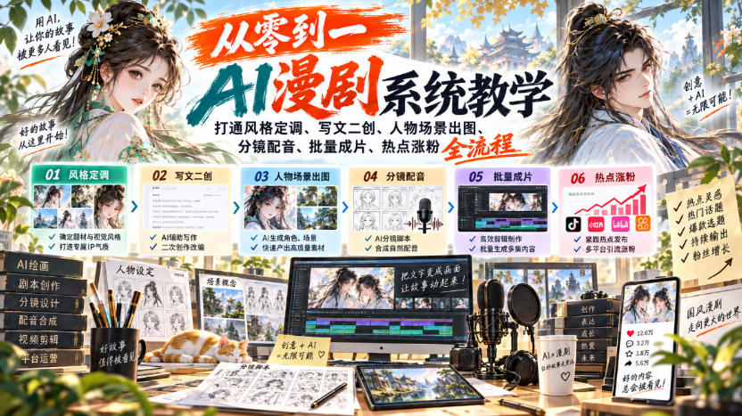 从零到一AI漫剧系统教学，打通风格定调、写文二创、人物场景出图、分镜配音、批量成片、热点涨粉全流程-百川聊项目