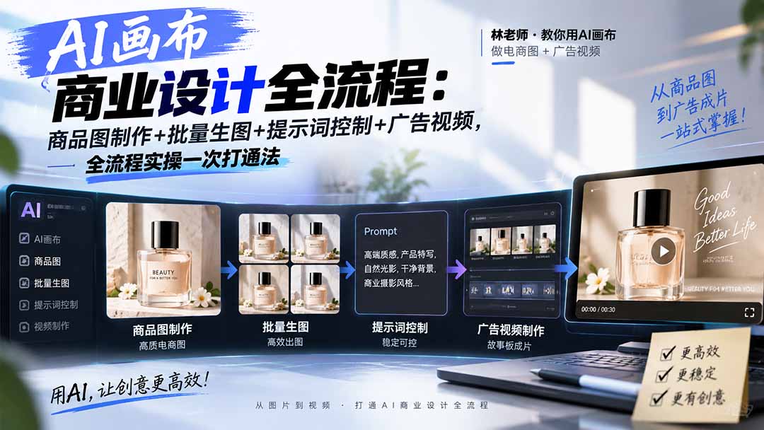AI画布商业设计全流程：商品图制作+批量生图+提示词控制+广告视频，全流程实操一次打通法-百川聊项目