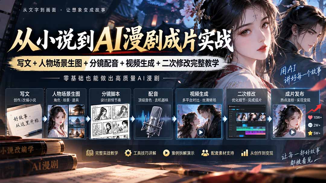 从小说到AI漫剧成片实战：写文+人物场景生图+分镜配音+视频生成+二次修改完整教学-百川聊项目