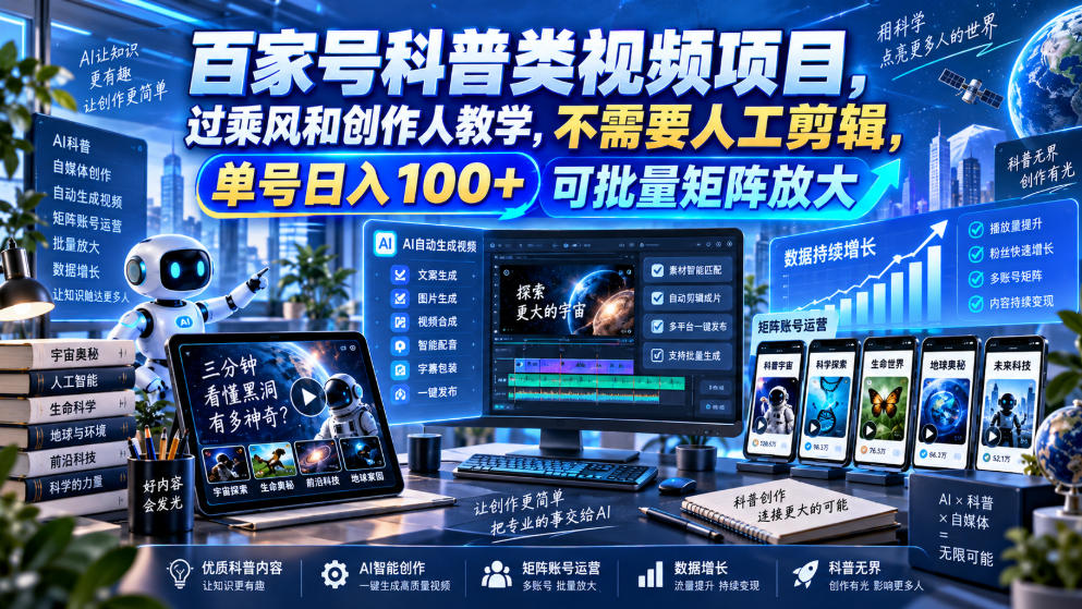 百家号科普类视频项目，过乘风和创作人教学，不需要人工剪辑，单号日入100+可批量矩阵放大-百川聊项目
