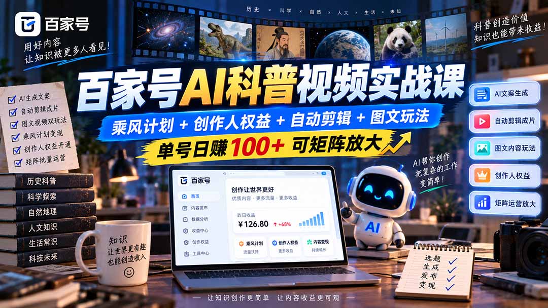 百家号AI科普视频实战课：乘风计划+创作人权益+自动剪辑+图文玩法，单号日赚100+可矩阵放大-百川聊项目