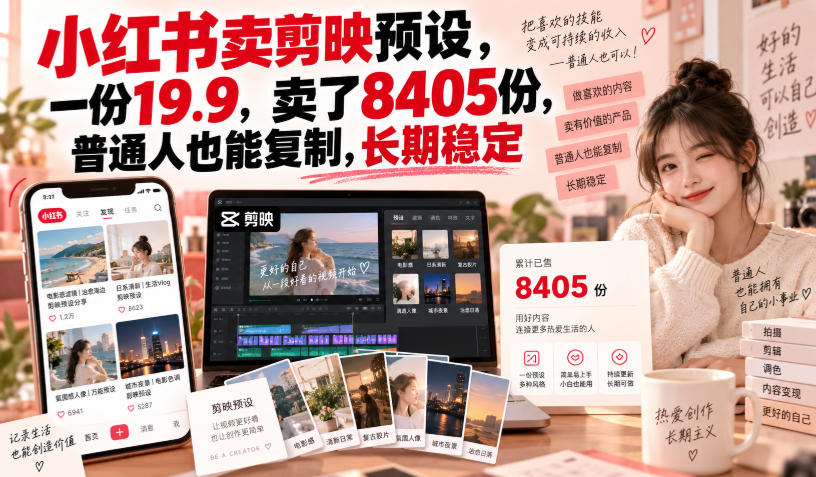 小红书卖剪映预设，一份19.9，卖了8405份，普通人也能复制，长期稳定-百川聊项目