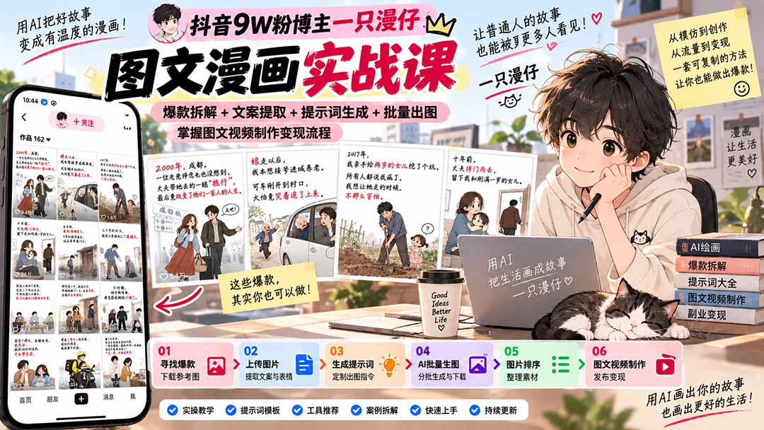 抖音9W粉博主一只漫仔图文漫画课：爆款拆解+文案提取+提示词生成+批量出图，掌握图文视频制作变现流程-百川聊项目