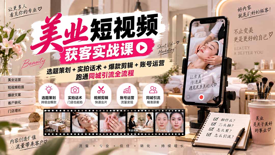 美业短视频获客实战课-无水印：选题策划+实拍话术+爆款剪辑+账号运营，跑通同城引流全流程-百川聊项目