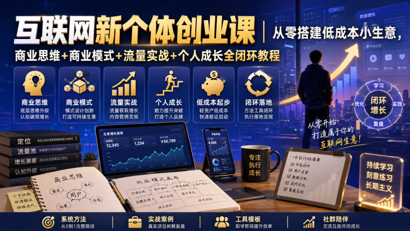 互联网新个体创业课｜从零搭建低成本小生意，商业思维+商业模式+流量实战+个人成长全闭环教程(更新0922)-百川聊项目