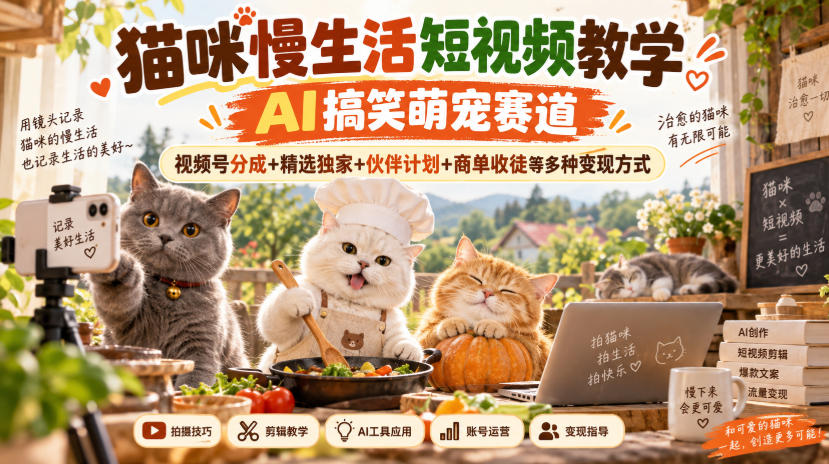 猫咪慢生活短视频教学，AI搞笑萌宠赛道，视频号分成+精选独家+伙伴计划+商单收徒等多种变现方式-百川聊项目