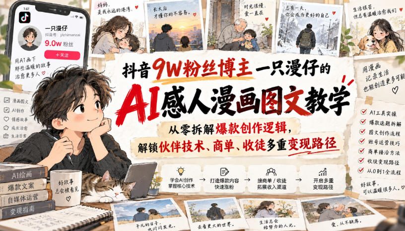 抖音9W粉丝博主一只漫仔的AI感人漫画图文教学，从零拆解爆款创作逻辑，解锁伙伴技术、商单、收徒多重变现路径-百川聊项目