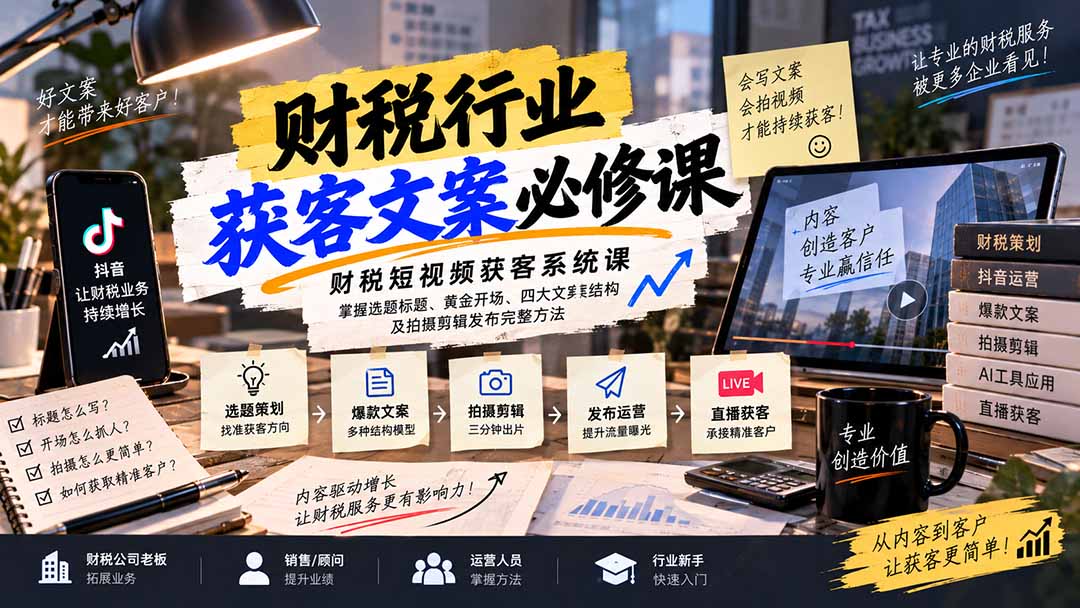 财税短视频获客系统课：掌握选题标题、黄金开场、四大文案结构及拍摄剪辑发布完整方法-百川聊项目