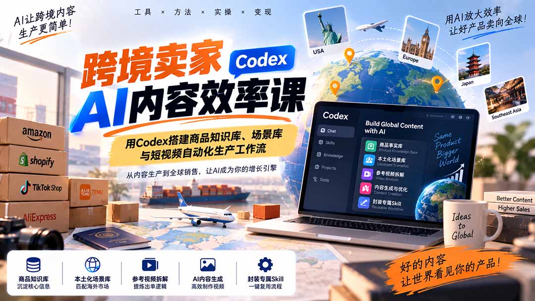 跨境卖家AI内容效率课：用Codex搭建商品知识库、场景库与短视频自动化生产工作流-百川聊项目