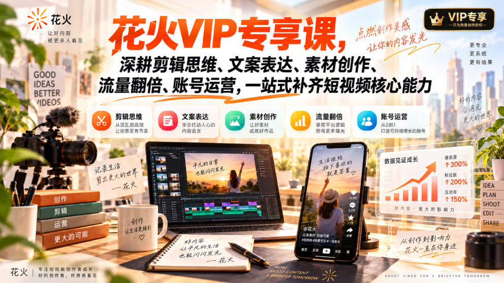 花火VIP专享课，深耕剪辑思维、文案表达、素材创作、流量翻倍、账号运营，一站式补齐短视频核心能力-百川聊项目