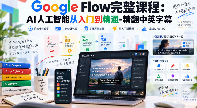 【无水印】Google Flow完整课程：AI人工智能从入门到精通-精翻中英字幕-百川聊项目