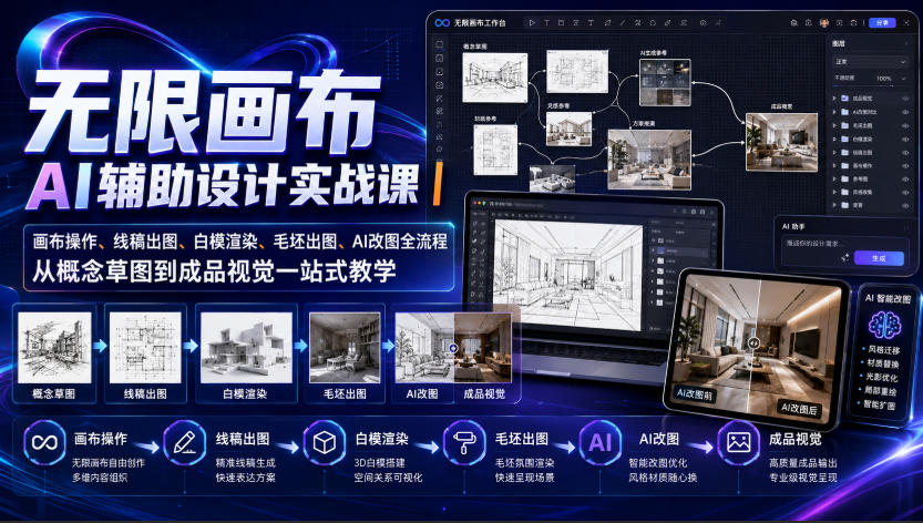 无限画布AI辅助设计实战课｜画布操作、线稿出图、白模渲染、毛坯出图、AI改图全流程，从概念草图到成品视觉一站式教学(更新0923)-百川聊项目