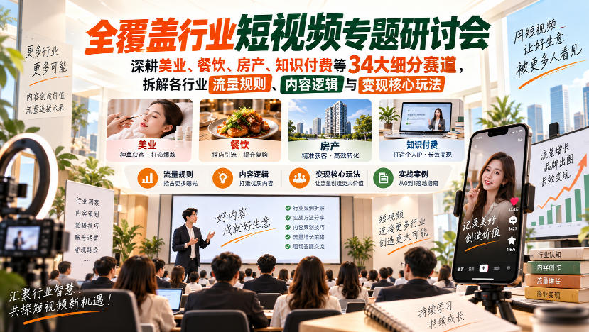 短视频专题研讨会，深耕美业、餐饮、房产、知识付费等34大细分赛道，拆解各行业流量规则、内容逻辑与变现核心玩法-百川聊项目