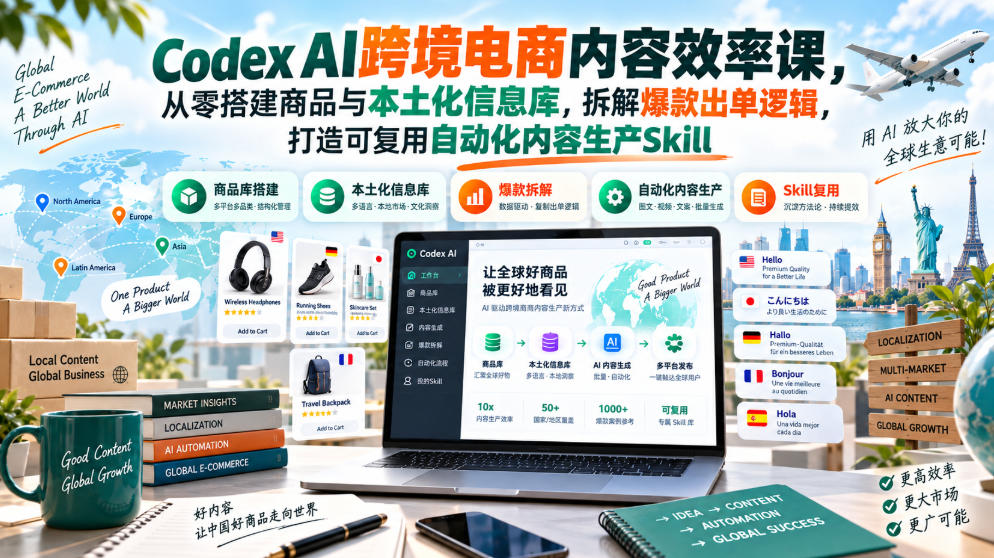 Codex AI跨境电商内容效率课，从零搭建商品与本土化信息库，拆解爆款出单逻辑，打造可复用自动化内容生产Skill-百川聊项目