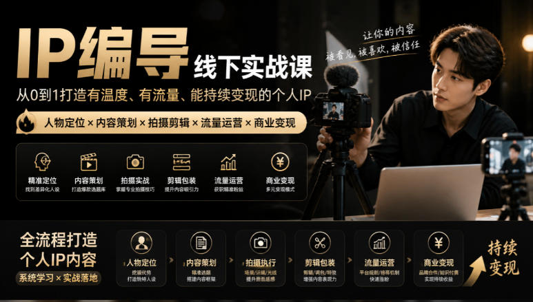 【无水印】IP编导线下实战课，从人物定位到短视频拍摄剪辑，全流程打造有温度、有流量、能持续变现的个人IP内容-百川聊项目