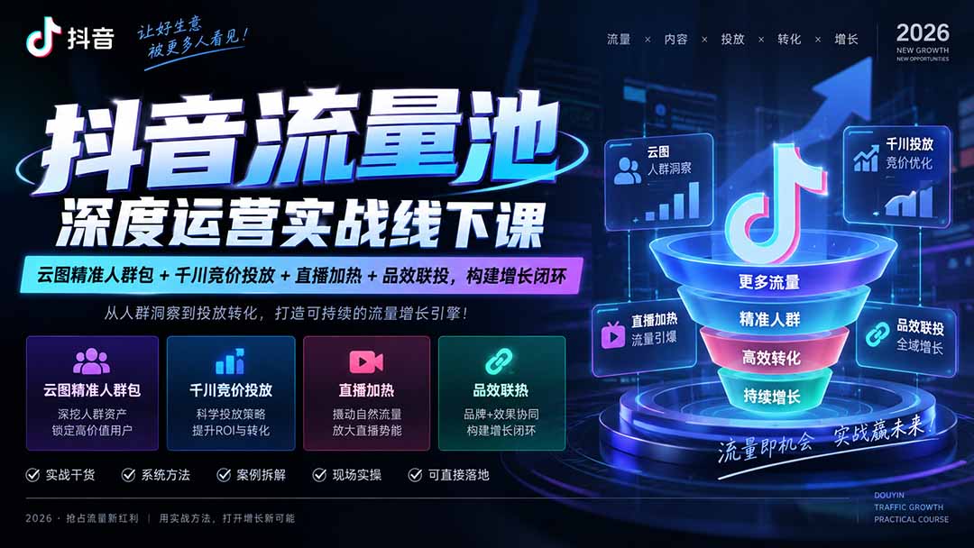 抖音流量池深度运营实战线下课｜云图精准人群包+千川竞价投放+直播加热+品效联投，构建增长闭环-百川聊项目