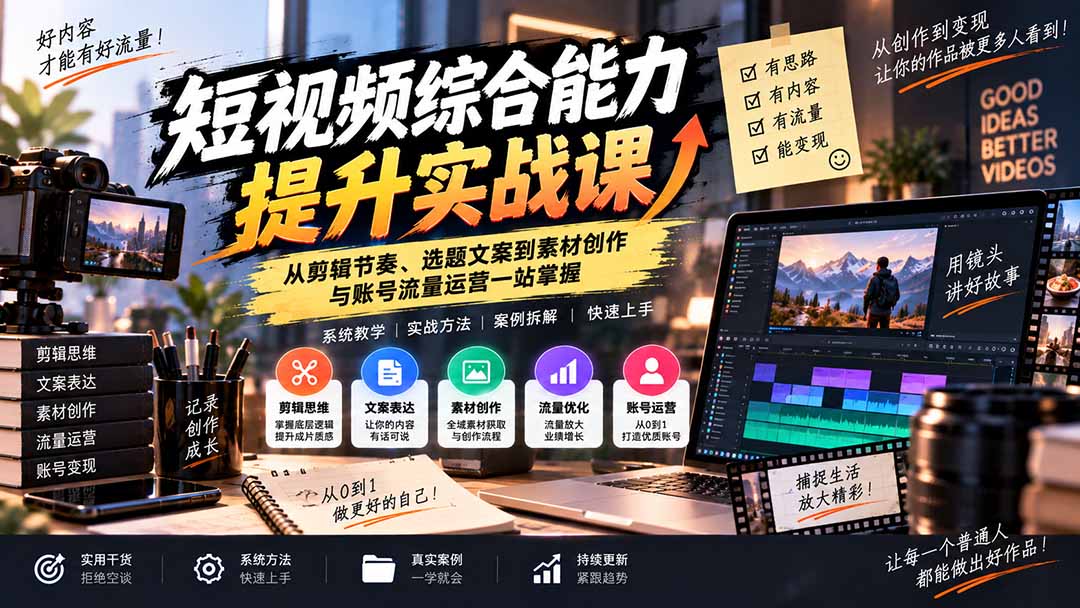 短视频综合能力提升实战课：从剪辑节奏、选题文案到素材创作与账号流量运营一站掌握-百川聊项目