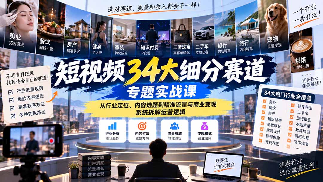短视频34大细分赛道专题实战课：从行业定位、内容选题到精准流量与商业变现，系统拆解运营逻辑-百川聊项目