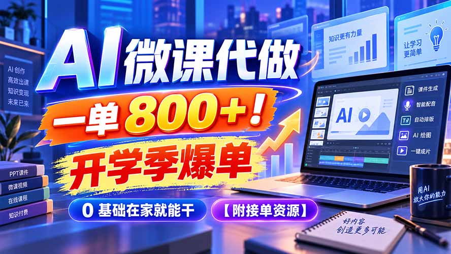 AI 微课代做，一单 800+！开学季爆单，0 基础在家就能干【附接单资源】-百川聊项目