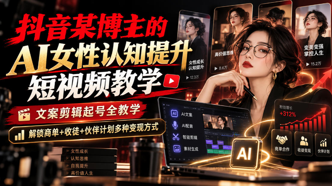 抖音某博主的Ai女性认知提升短视频教学,文案剪辑起号全教学,解锁商单+收徒+伙伴计划多种变现方式-百川聊项目
