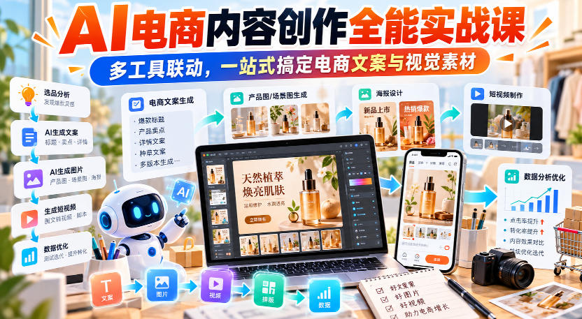 【无水印】AI电商内容创作全能实战课｜多工具联动，一站式搞定电商文案与视觉素材-百川聊项目